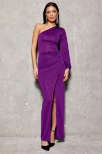 Sukienki - Fioletowa duga sukienka wieczorowa z powiat na jedno rami afrodyta