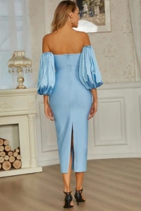 Sukienki - Venice niebieska sukienka maxi z bufkami