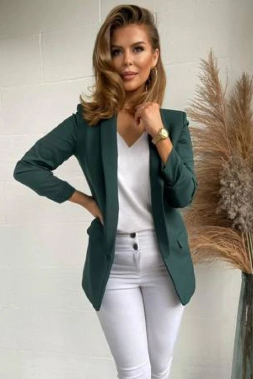 Butelkowa ziele- marynarka damska z marszczonymi rkawami blazer green