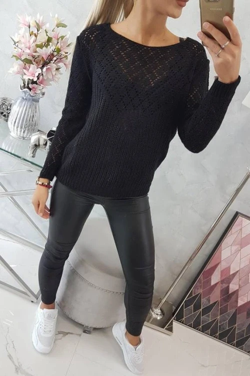 Sweter z ażurowym zdobieniem czarny 2019t39