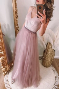 Sukienki - Sukienka tiulowa z perełkami w talii, brudny róż