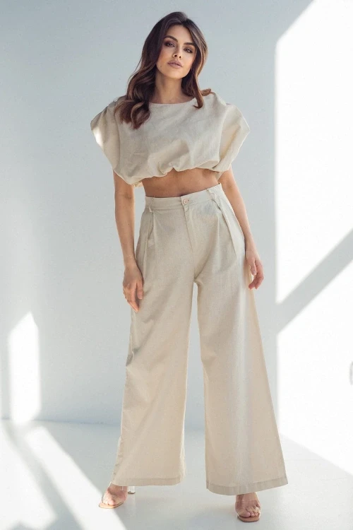 Olivette - beżowy komplet spodnie + crop top