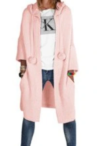 E-mikos - Mikos płaszcz dzianinowy długi luźny sweter kardigan z kieszeniami damski z długim rękawem z pomponami i kapturem 693 różowy