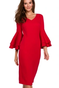 Sukienki - Sukienka na wesele elegancka midi z bufiastymi rkawami czerwona