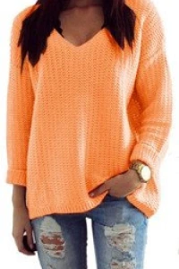 E-mikos - Mikos luźny sweter damski w serek v 627 pomarańczowy