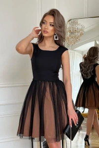 Sukienki - Rozkloszowana sukienka z tiulem 283 czarny-beż