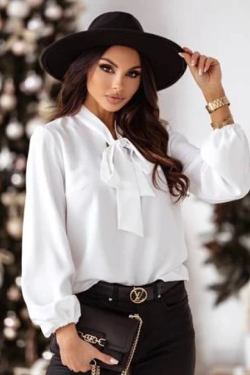 Biała gładka bluzka damska ze ściągaczem przy rękawie i wiązaniem przy szyi BOW