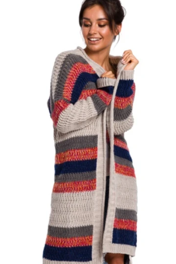 Dugi sweter w kolorowe pasy kardigan narzutka z modnym splotem