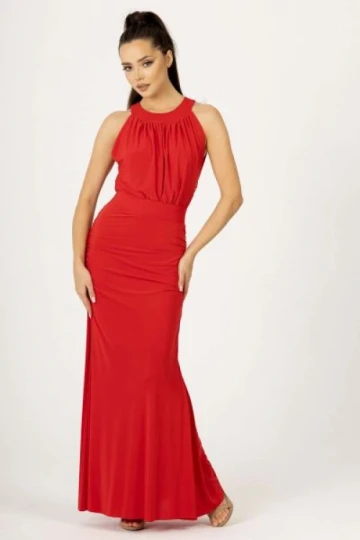 Czerwona duga suknia wieczorowa z odkrytymi plecami audrey