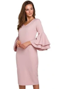 Sukienki - Sukienka na wesele elegancka midi z bufiastymi rkawami pudrowy r