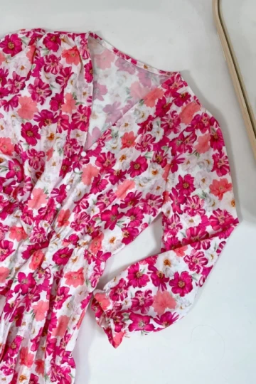 Sukienka naria mini różowe kwiaty na kremowym tle