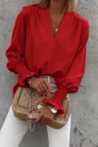 Bluzki - Czerwona bluzka damska z falbaną i ściągaczem przy rękawie ANA.