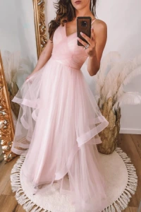 Sukienki - Różowa sukienka tiulowa z asymetrycznym dołem
