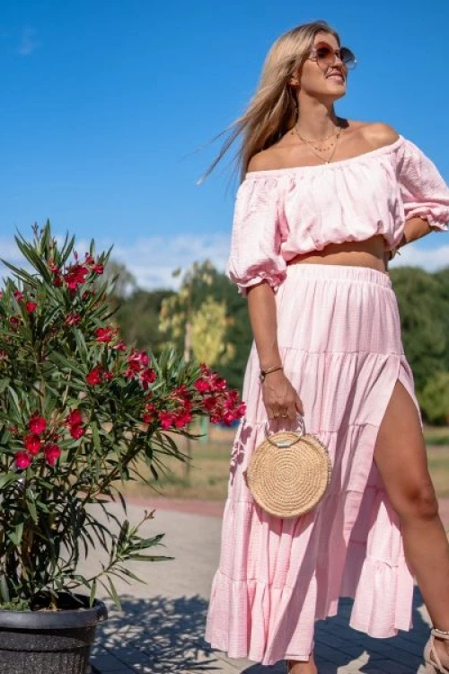 Komplet muślinowy boho bluzka i spódnica róż barbie