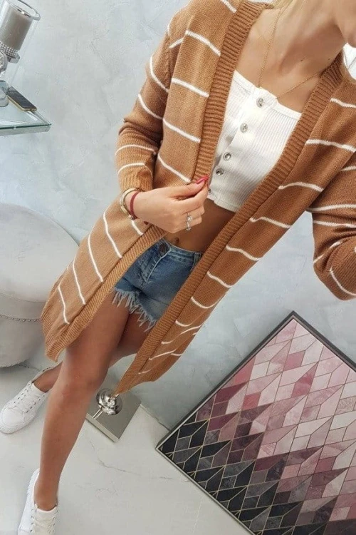 Sweter kardigan w paski camel 2020t1