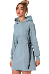 Sukienki.shop - Sukienka baweniana trapezowa jak bluza z kapturem szaro-niebieska