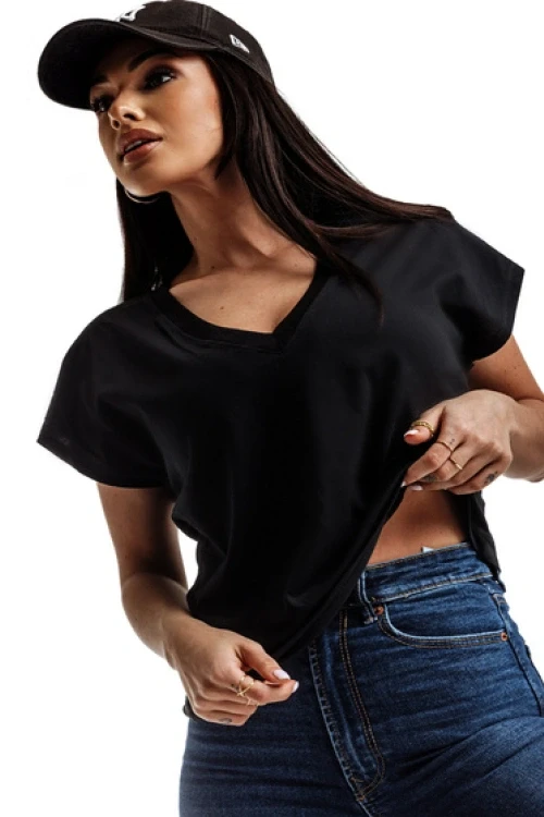 Czarny t-shirt z dekoltem w serek mayflies