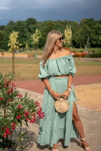 Nowości - Komplet muślinowy boho bluzka i spódnica szałwiowy