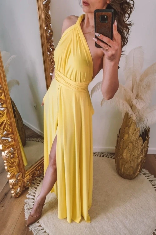żółta sukienka maxi wiązana na wiele sposobów