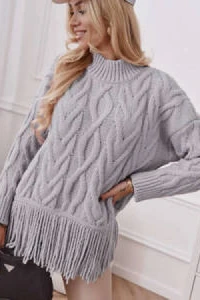 E-mikos - Gruby sweter cocomore z długim rękawem i frędzlami splot warkocz szary