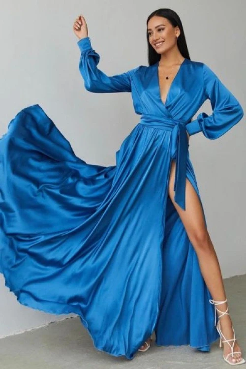 Niebieska duga sukienka satynowa nel