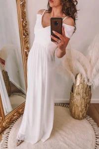 Suknie ślubne - Biała sukienka maxi z opadającymi rękawami