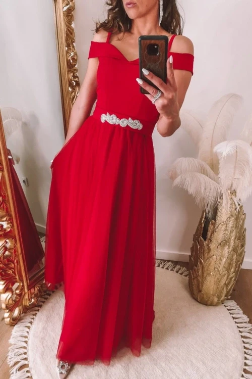 Rozkloszowana sukienka maxi z opadającymi rękawkami, czerwona