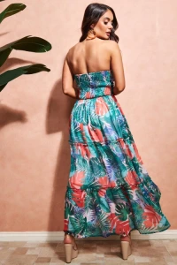 Sukienki - Wzorzysta sukienka maxi bez ramiczek zielona lensi