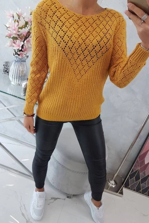 Sweter z ażurowym zdobieniem musztardowy 2019t39