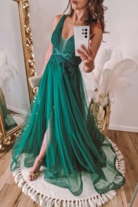 Lilith-sklep.pl - Zielona sukienka tiulowa z rozcięciem na nodze