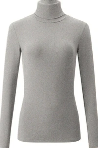 E-mikos - Dopasowany cienki sweter golf damski bawełniany w prążki z długim rękawem 705 szary